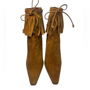Nine West Brown Suede Moccasin Fringe High Heel Midcalf Boots Women’s Size 8.5 M